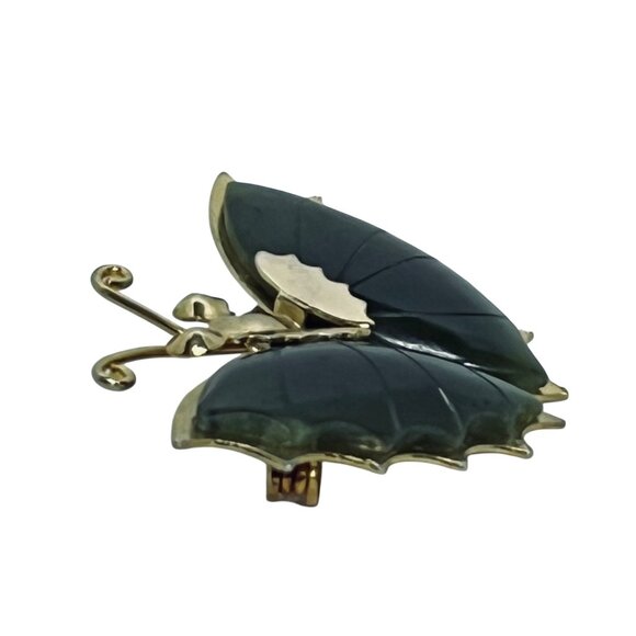 Vintage Gold Tone Butterfly Brooch With Nephrite Wings (5900) - Picture 3 of 6